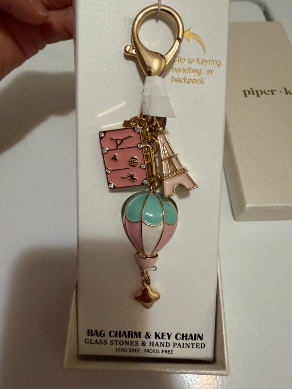 Pastel Hot Air Balloon & Eiffel Tower Bag Charm Keychain NWT in box